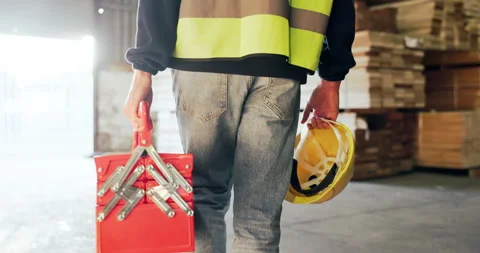Toolbox, walking and hands of man in warehouse for carpentry, inventory and Stock Footage 340003521