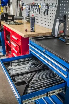 Toolbox in the workshop, close-up Stock Photos