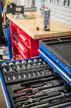 Toolbox in the workshop, close-up Stock Photos
