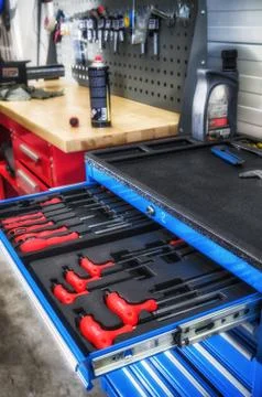 Toolbox in the workshop, close-up Stock Photos