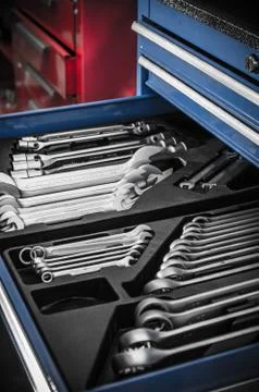 Toolbox in the workshop, close-up Stock Photos