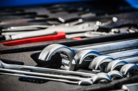 Toolbox in the workshop, close-up Stock Photos