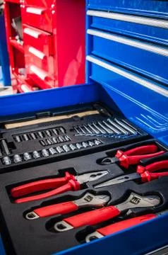 Toolbox in the workshop, close-up Stock Photos