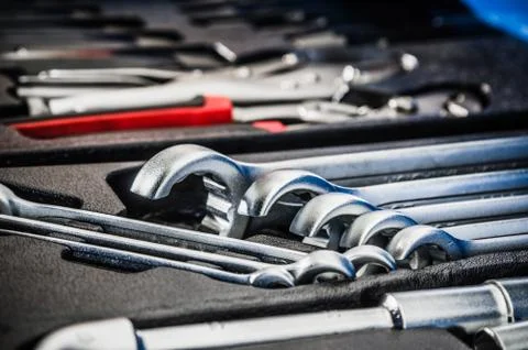 Toolbox in the workshop, close-up Stock Photos