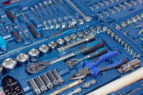 Toolboxes and toolkit in the shop Stock Photos