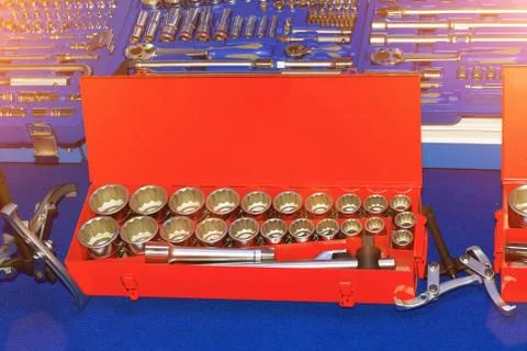 Toolboxes and toolkit in the shop Stock Photos