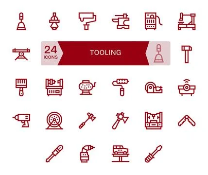 Tooling Vector Graphics Pack including 24 Bold Line 64x64 Pixel Aligned Icons Stock Illustration