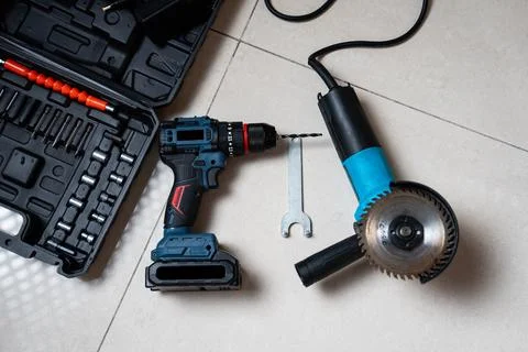 Toolkit with Angle Grinder and Cordless Drill. Home Repair Set Stock Photos