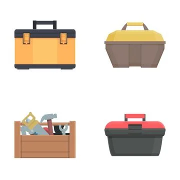 Toolkit icons set cartoon vector. Toolbox with hand instrument inside 스톡 일러스트