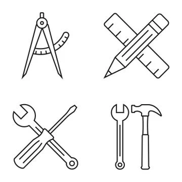 Toolkit outline icon set. Hammer, wrench, screwdriver and ruler with pencil. Stock Illustration