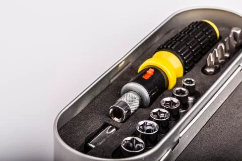 Toolkit in the silver box, set of tools for repair, gift for handyman Stock Photos