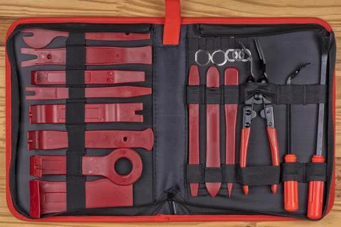 Toolkit of special tools for disassembling vehicle interiors Stock Photos