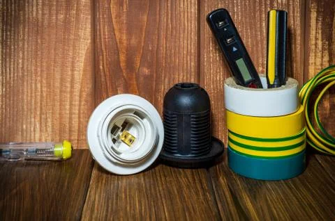 Tools and accessories used in electrical installations Stock Photos