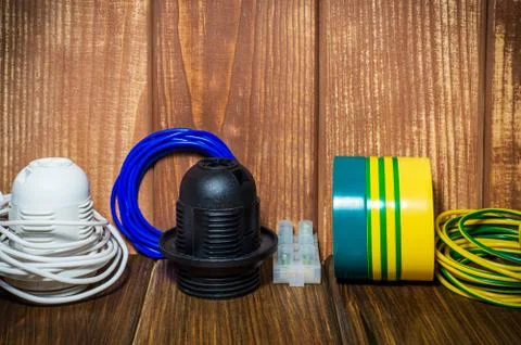 Tools and accessories used in electrical installations Stock Photos