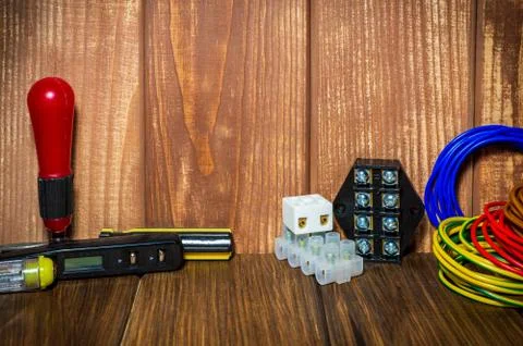Tools and accessories used in electrical installations Stock Photos