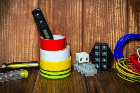 Tools and accessories used in electrical installations Stock Photos