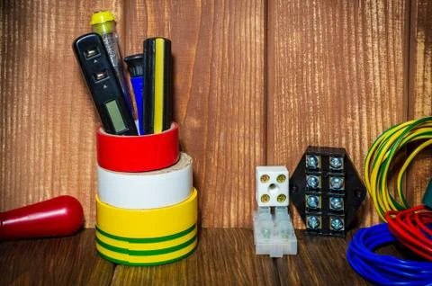 Tools and accessories used by master electrician Stock Photos