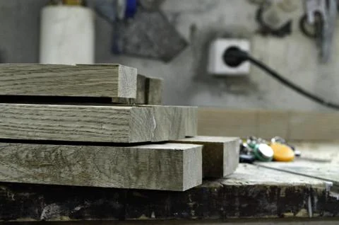 Tools and accessories for wood processing close up Stock Photos