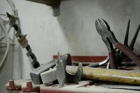 Tools and accessories for wood processing close up Stock Photos