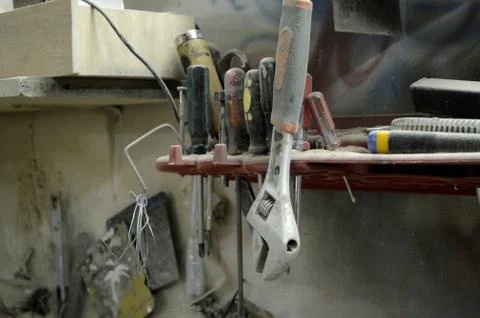 Tools and accessories for wood processing close up Stock Photos