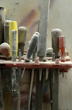 Tools and accessories for wood processing close up Stock Photos