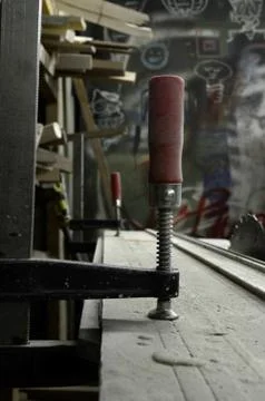 Tools and accessories for wood processing close up Stock Photos