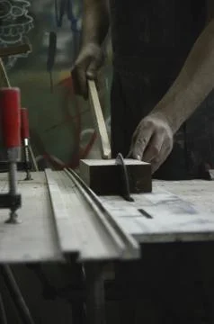 Tools and accessories for wood processing close up Stock Photos