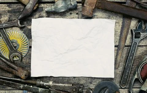 Tools and blank space create opportunity for creativity on rustic wooden table Stock-Fotos