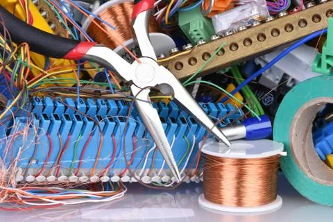 Tools and cables used in electrical installation Stock Photos