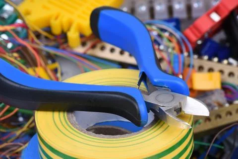 Tools and cables used in electrical installation 스톡 사진
