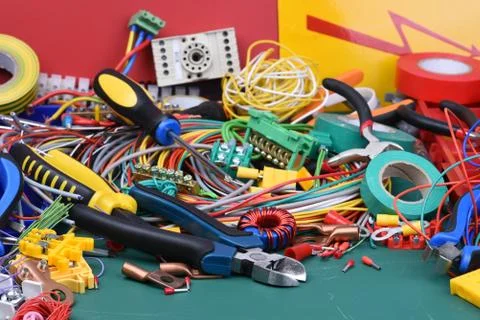Tools and component used in electrical installations Stock Photos