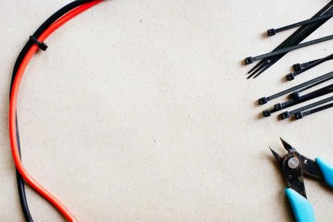 Tools and components for electrical wiring, electrical cable ties and nippers Stock Photos
