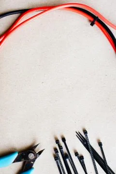 Tools and components for electrical wiring, electrical cable ties and nippers Stock Photos