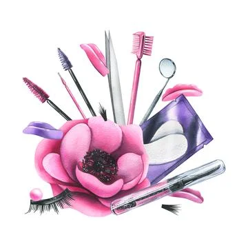 Tools and cosmetics for eyelash extension and lamination with brushes, tweezers Stock Illustration