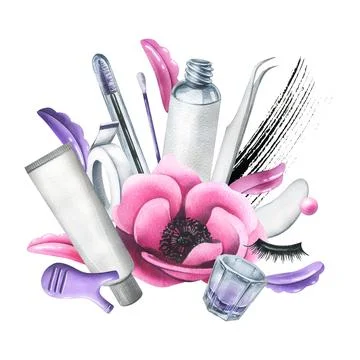 Tools and cosmetics for eyelash lamination with brushes, silicone rollers Stock Illustration