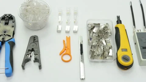 Tools and devices for making patch cords. Video stock 157677988