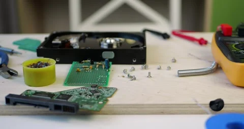 Tools and electronic components spread across workspace. Technicians repair Stock Footage 344998761