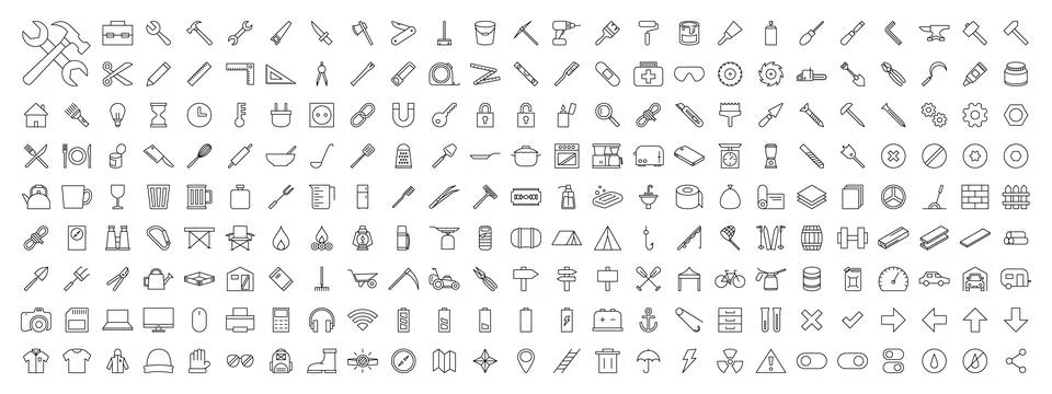 Tools and Equipment Outlined Vector Icon Megapack Stock Illustration