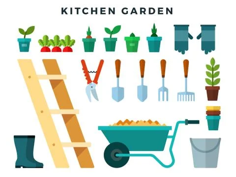 Tools and equipment for working in the kitchen garden, flat icons set. Vector Stock Illustration