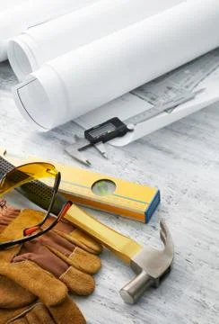 Tools and floor plan Stock Photos