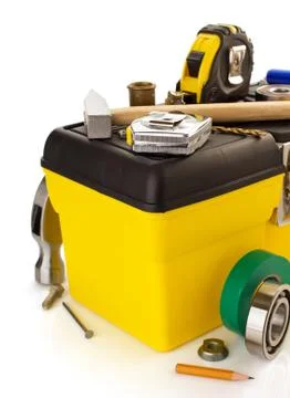 Tools and instruments with toolbox on white Stock Photos