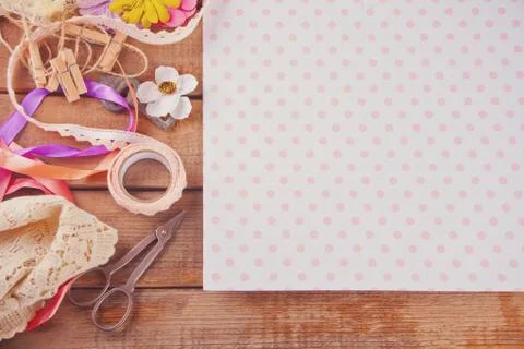 Tools and materials for creativity scattered on the table. Scrapbooking, crea Stock Photos