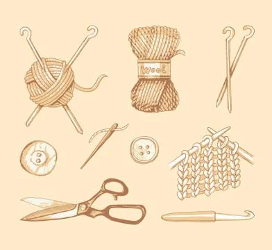 Tools and materials for knitting. Vector sketch Stock Illustration