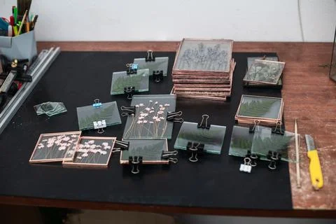 Tools and materials for making postcards and paintings from dried plants Stock Photos