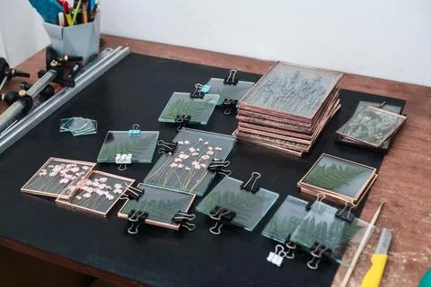 Tools and materials for making postcards and paintings from dried plants Stock Photos