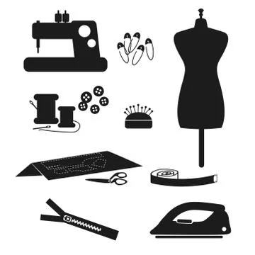 Tools and materials sewing icon set isolated on white background. Stock Illustration
