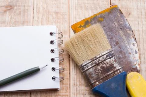 Tools and notebook to make a budget of remodeling or DIY at home Stock Photos