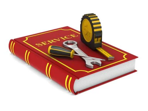 Tools and red service book. Isolated 3D illustration Illustrazione stock