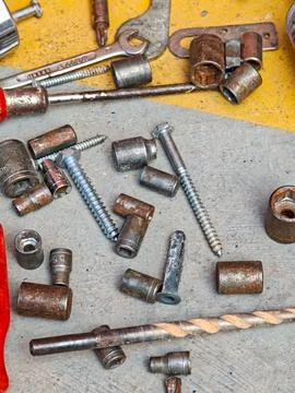 Tools and screws in the workshop Stock Photos