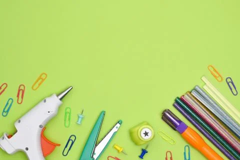 Tools and stationery items for creating cards and presents top view. Stock Photos